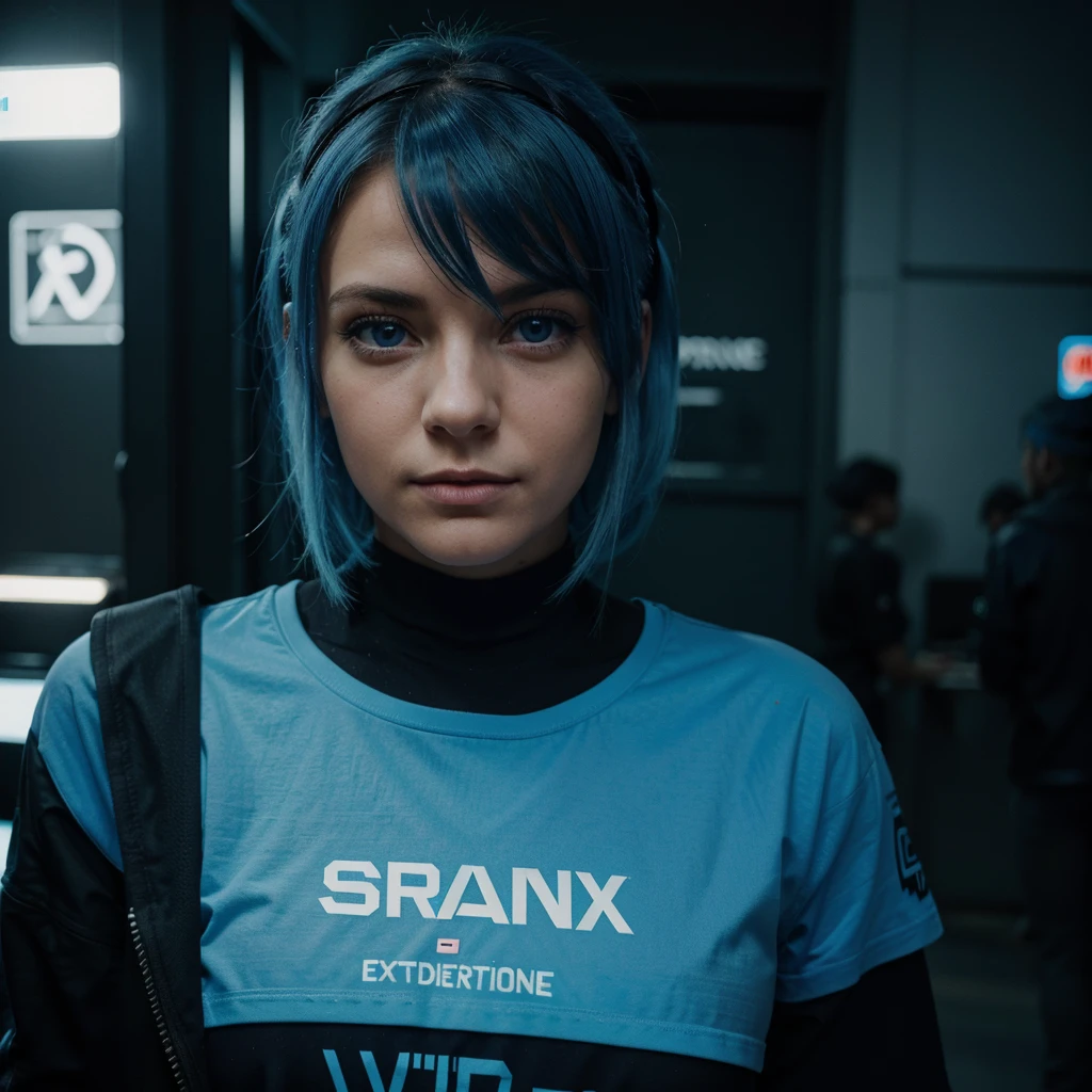 Type caucasienne, blue hair, blue eye, cute, name ana. une belle femme de 30 ans aux blue hairs et aux cheveux bouclés portant des écouteurs surdimensionnés, se trouve de profil debout in a big dark room surrounded by cyberpunk neon lights, with a grand DJ deck, Cyberpunk Aesthetic, visage et expression , sharpness, cinematic, head of;artwork, tenue outdoor, ecris sur son tshirt "KC"grand format