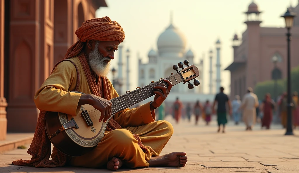 1934; (masterpiece, best quality) man playing Sitar on the street(Agra)