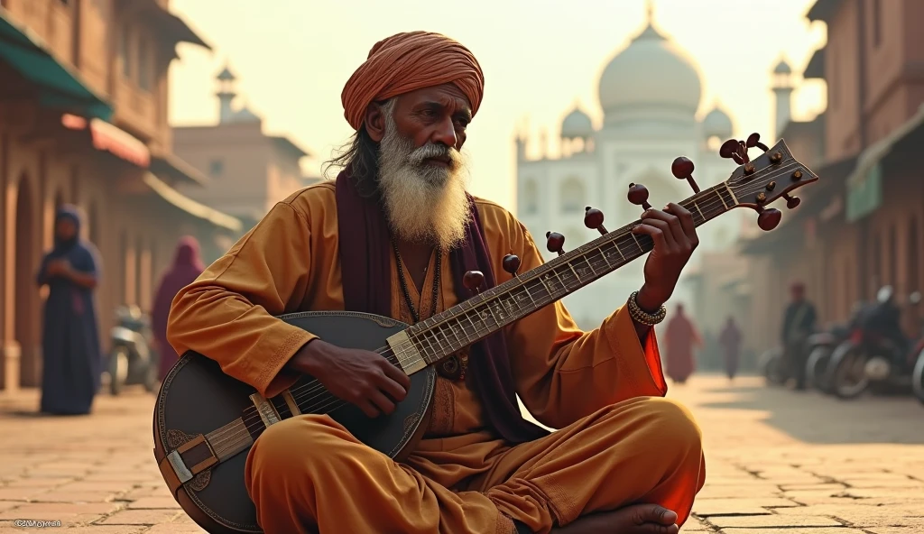 1934; (masterpiece, best quality) man playing Sitar on the street(Agra)