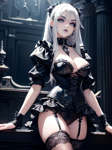  A 2 gothic punk goth girl, perfect face, beautiful Asian woman with long White hair in curls and coils, very cute and           beautiful girl, (highly detailed beautiful face), high detailed fingers, (Deep Purple corset with detailed frills), detailed face,
]cowboy shot, looking at viewer, Standing, white panties. intricate details, cinematic scene, detailed background, solo, dynamic angle,  ((beautiful big blue eyes looking down at the viewer, black shiny lipstick, perfect Asian goth cyber makeup)) double d breast, detailed cute face, white hair, gothic punk fashion, highly detailed gothic fashion, short skirt, heavy make up,),(dark black lipstick), size, Backlight effect, lens flare, depth of fields, blurry background, Detailedface,1 girl, Detailed eyes, ,(thigh up shot image :1.5), Black gloves