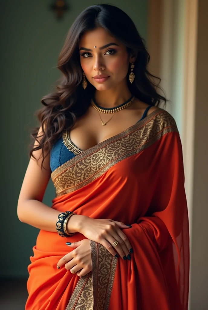 A beautiful curvy indian married woman with big breasts wearing modern saree