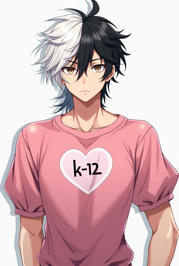 Gender:male style:male anime Body:muscular and without breasts Skin: Clear Eyes: Brown Hair: divided in half, with one side black and the other white Shirt: Pink with puff sleeves, with a heart written in front "k-12"