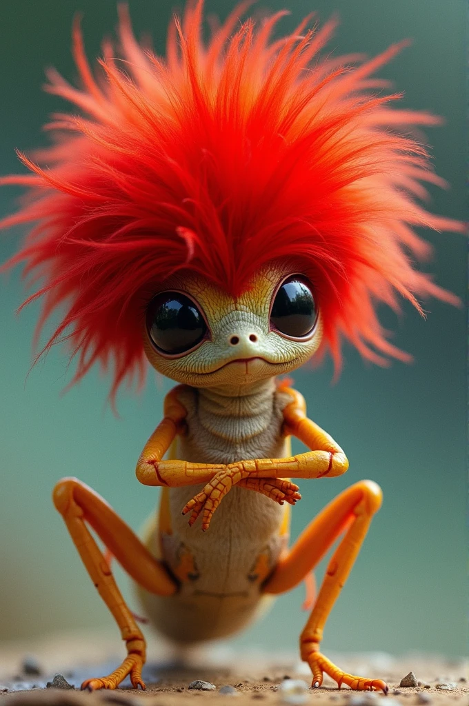 ((best quality)), ((masterpiece)), (detailed), Create an image of a cricket with a red wig, coast posing. The cricket must have a confident and stylish posture, and the red wig must be flashy and well-crafted. The composition should highlight the exuberance of the wig and the personality of the cricket.