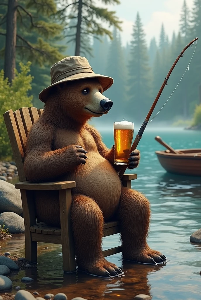 A fishing bear with his fishing rod, well defined:1.3, sitting on a chair by a river, holding a fishing rod, drinking a beer, wearing a bucket hat, boat nearby, surrounded by a forest and rocks, extremely detailed, exposed penis, erect penis