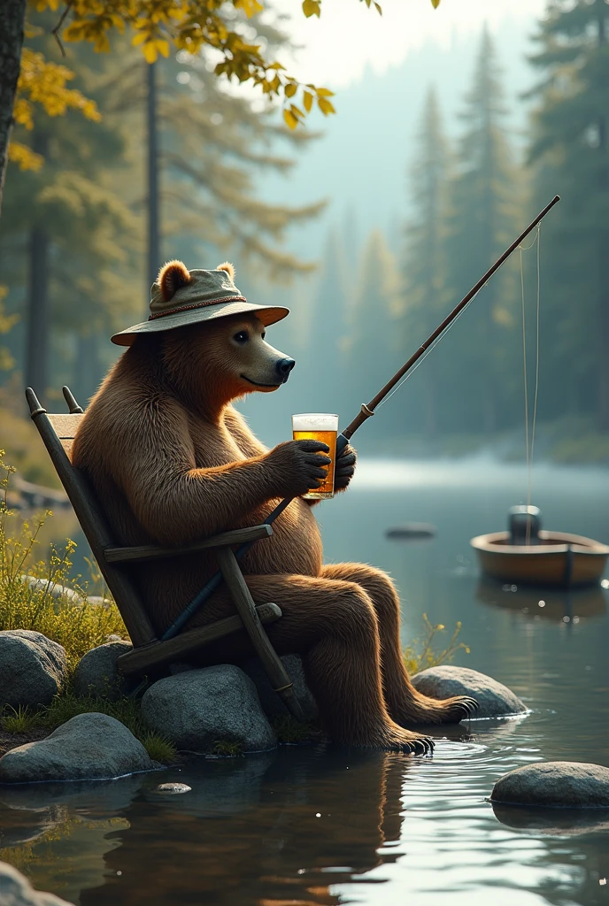 A fishing bear with his fishing rod, well defined:1.3, sitting on a chair by a river, holding a fishing rod, drinking a beer, wearing a bucket hat, boat nearby, surrounded by a forest and rocks, extremely detailed, exposed penis, erect penis