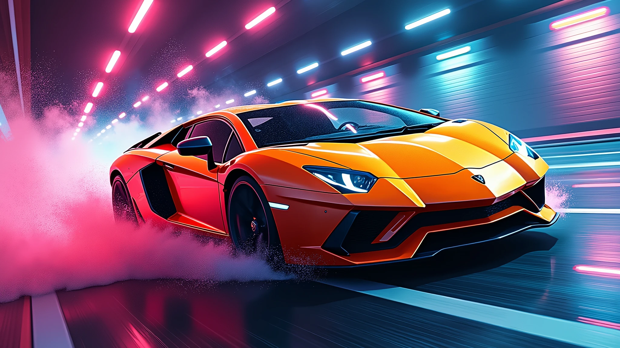 splatter art of a lamborghini aventador running in a tunnel at night, speed, motion, neon lights, atey ghailan, alena aemani, jeremy mann photo, cinematic, vibrant