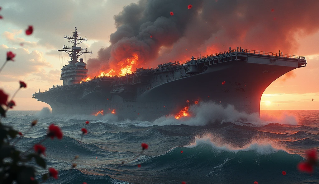 2024; (masterpiece, best quality) destroyed sea; Navy aircraft carrier sinking; fire everywhere. Red roses falling into the sea.