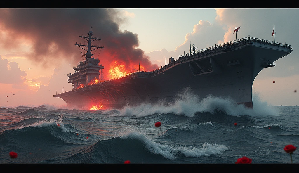 2024; (masterpiece, best quality) destroyed sea; Navy aircraft carrier sinking; fire everywhere. Red roses falling into the sea.
