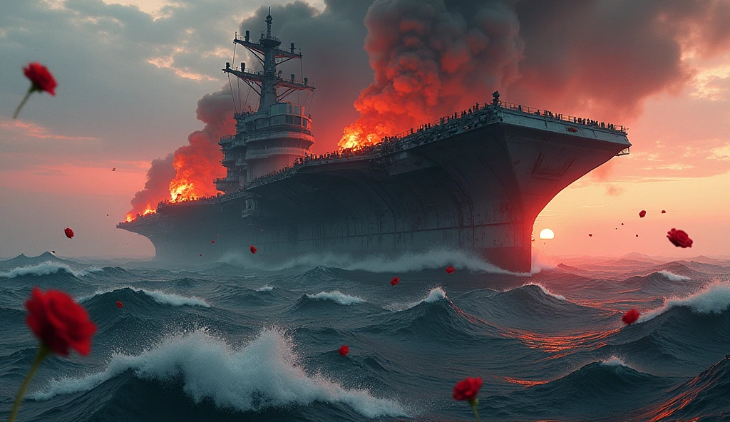2024; (masterpiece, best quality) destroyed sea; Navy aircraft carrier sinking; fire everywhere. Red roses falling into the sea.