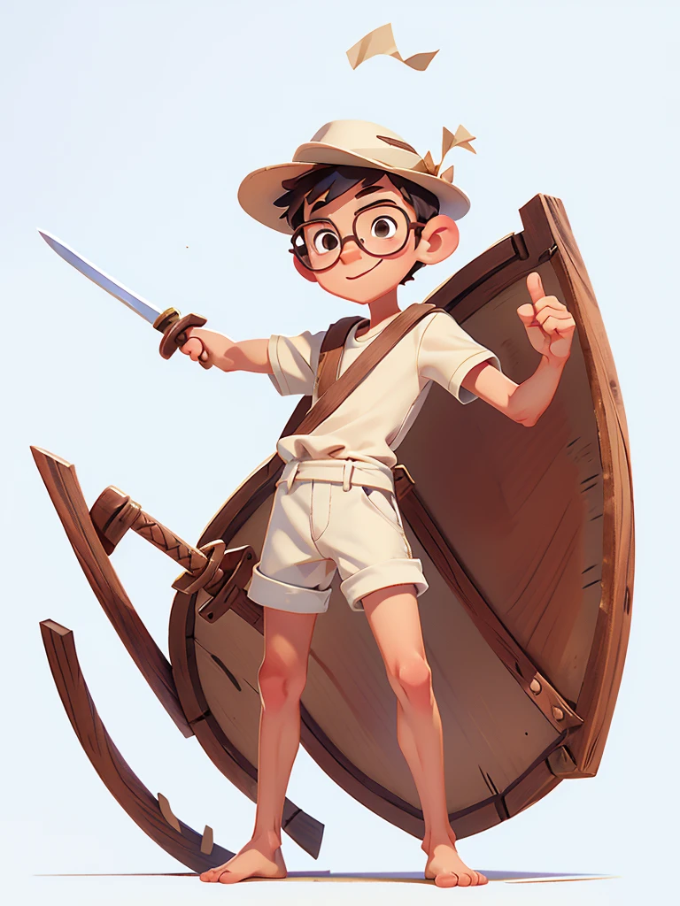 Perfect anatomia, 1 boy, solo, skinny body, happy, , with white background, with a wooden shield and sword, paper hat, standing in a commanding pose, looking towards the camera, front face, looking straight, cute face, wearing a t-shirt and shorts, and with glasses, barefoot