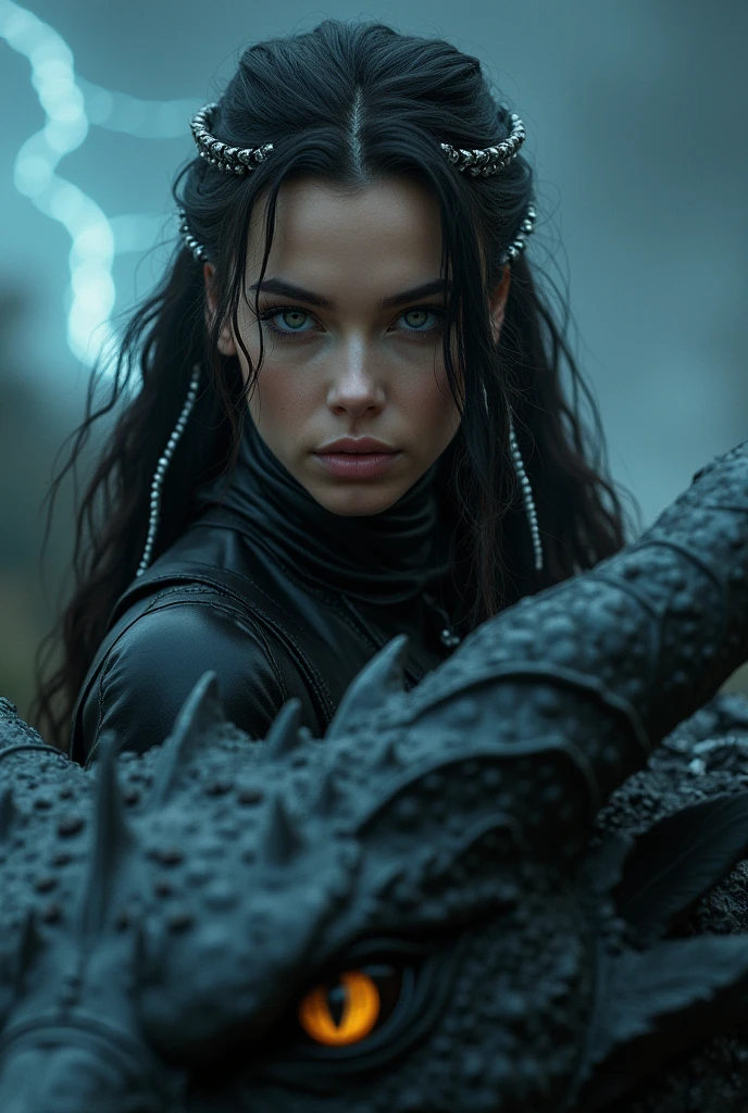 Close-up image, background a dark thunderstorm, black and phosphorescent blue light, of an extremely beautiful woman, grayish eyes, black hair with white braided on the side , dressed in a black leather turtleneck shirt, riding a GIANT golden-eyed dragon