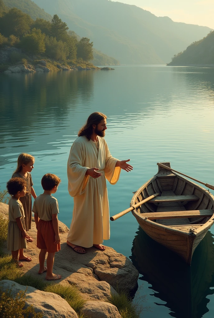 children came to Jesus and next to it was a deep lake and on the lake there was an old boat with oars