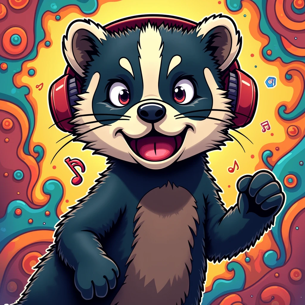 Create a 3000 X 3000 pixels a Catoon music art cover with  honey badger with headphones 