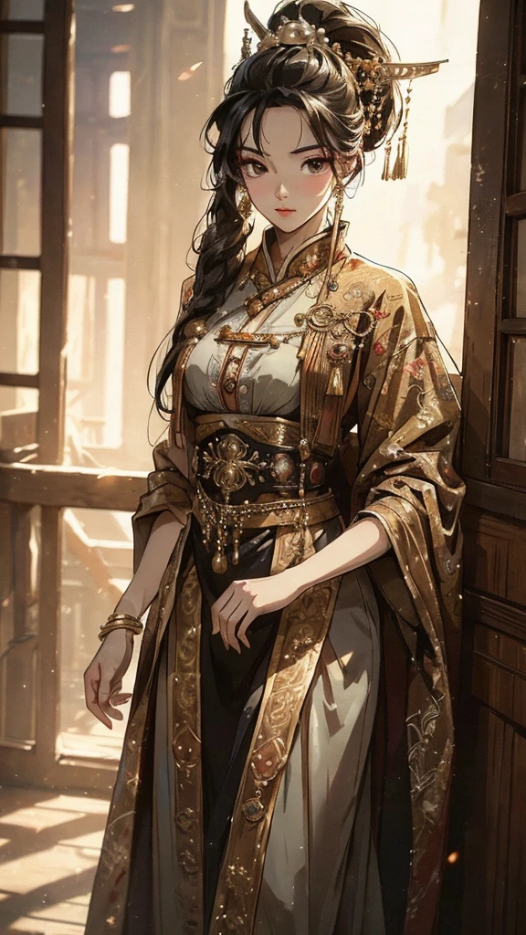 a photorealistic, (cowboy shot), highly detailed shot of a beautiful young woman, ancient Chinese costume, solo, against a transparent background, (best quality,4k,8k,highres,masterpiece:1.2),ultra-detailed,(realistic,photorealistic,photo-realistic:1.37),beautiful detailed eyes, beautiful detailed lips, extremely detailed eyes and face, long eyelashes, Vintage brooch with pearls and gold accents, cowboy shot, dramatic lighting, moody lighting, warm color tones, vibrant colors, cinematic composition