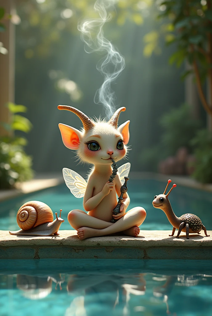 A soterelle smokes a hookah with her friend the snail and the spider at the edge of a swimming pool