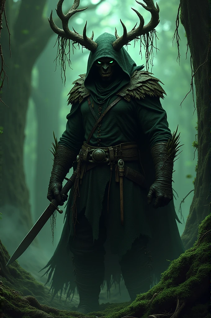 A forest demon with glowing green eyes beneath the shadow of his cloak's hood.. He stands in the darkness with an old crossbow in his hands., and on his belt hangs a large hunting knife that looks like a sword. The forest lord is dressed in a dark brown tunic and dark green pants with long black boots on his feet.. On the head grow two more branched branches, like deer antlers with vines hanging from them. The body is covered with vines, and the left hand is made entirely of living wood.