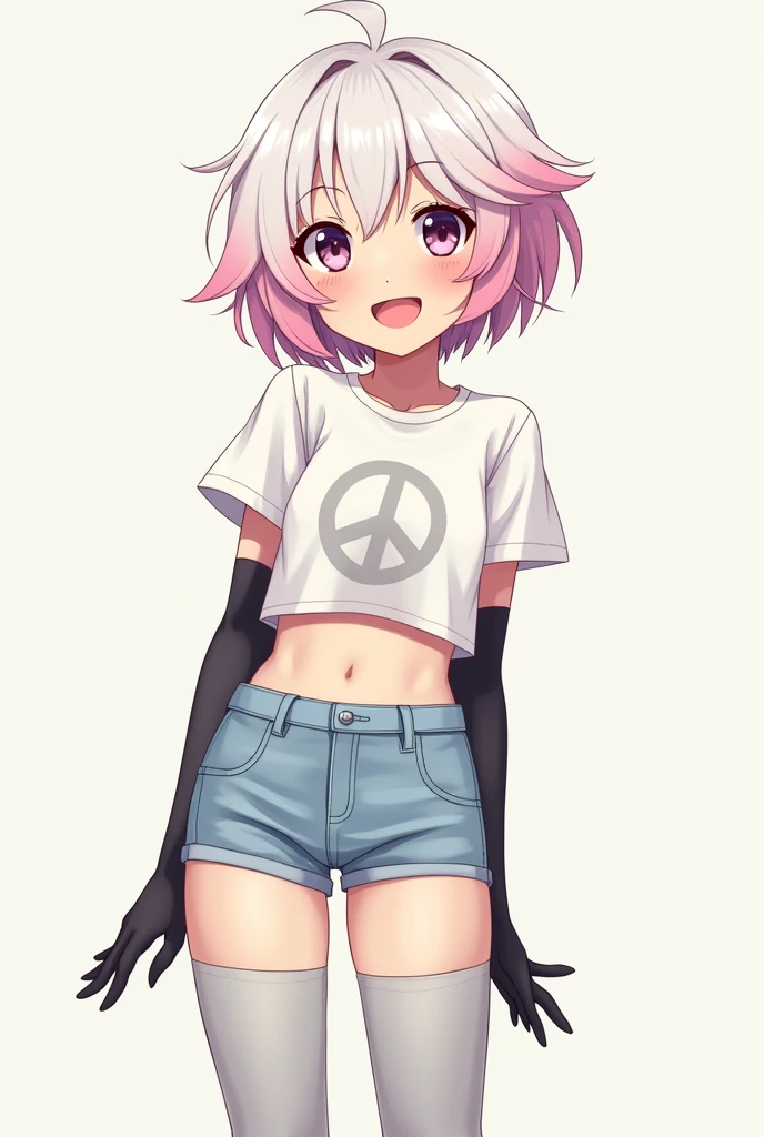 Japanese girl with short hair, white and pink, White cropped t-shirt with a light grey peace symbol on the chest, hands and forearms with black gloves, short light blue tight shorts and legs except thighs with long light grey stockings. happy. in love. 15 years. unclothed