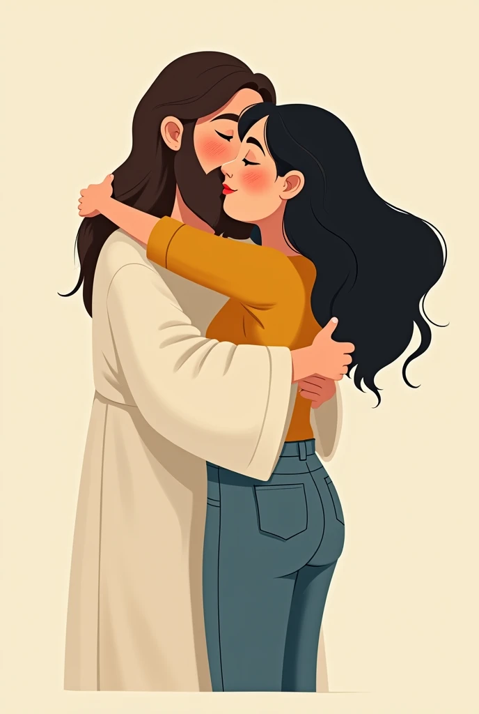 Create a cartoon of a woman with long black hair, Round face, round nose with a mustard-colored blouse and jeans standing hugging Jesus Christ. 