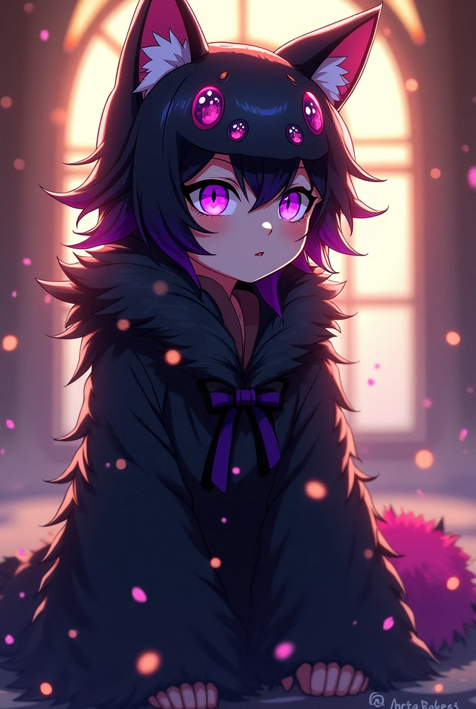 1 girl, black fur, multicolor fur, purple eyes, mask on the head, side lighting, light particles, Kimetsu no Yaiba background,