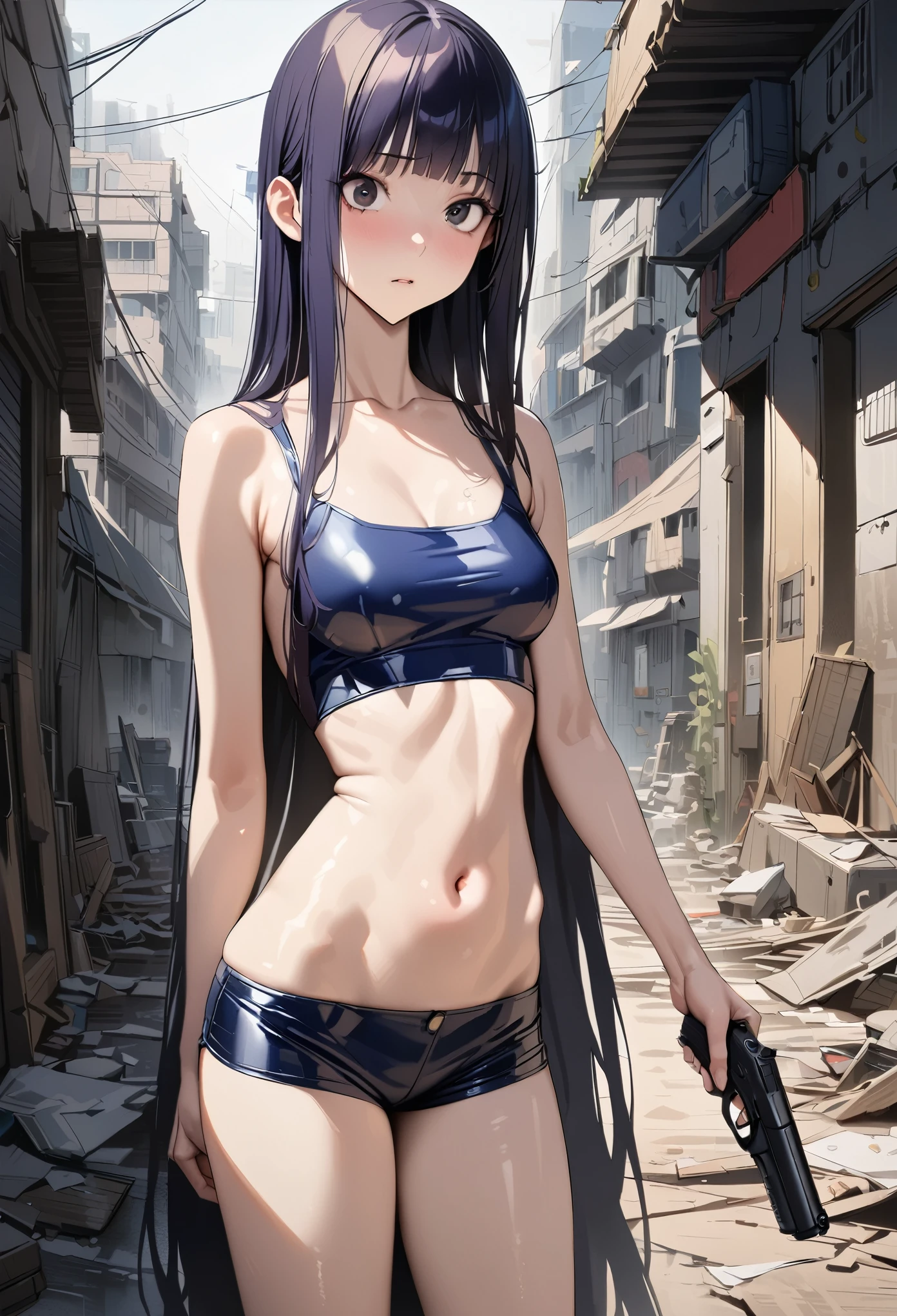 ((masterpiece,best quality anime,Highest quality:1.3)),realistic,cowboy shot,1woman,独奏,(30 year old beauty),((very small head:1.4)),((very long body:1.4)),(dark blue hair),straight long hair,(gorgeous big eyes),black eyes,Serious expression,((slender body:1.4,skinny)),(Dark blue tube top shirt、navel、Navy blue latex shorts),medium breasts,,oily skin:1.2,gleaming skin,shiny skin, (holding handgun),standing,on road,Ruined city、Collapsed Buildings、Cyberpunk World、