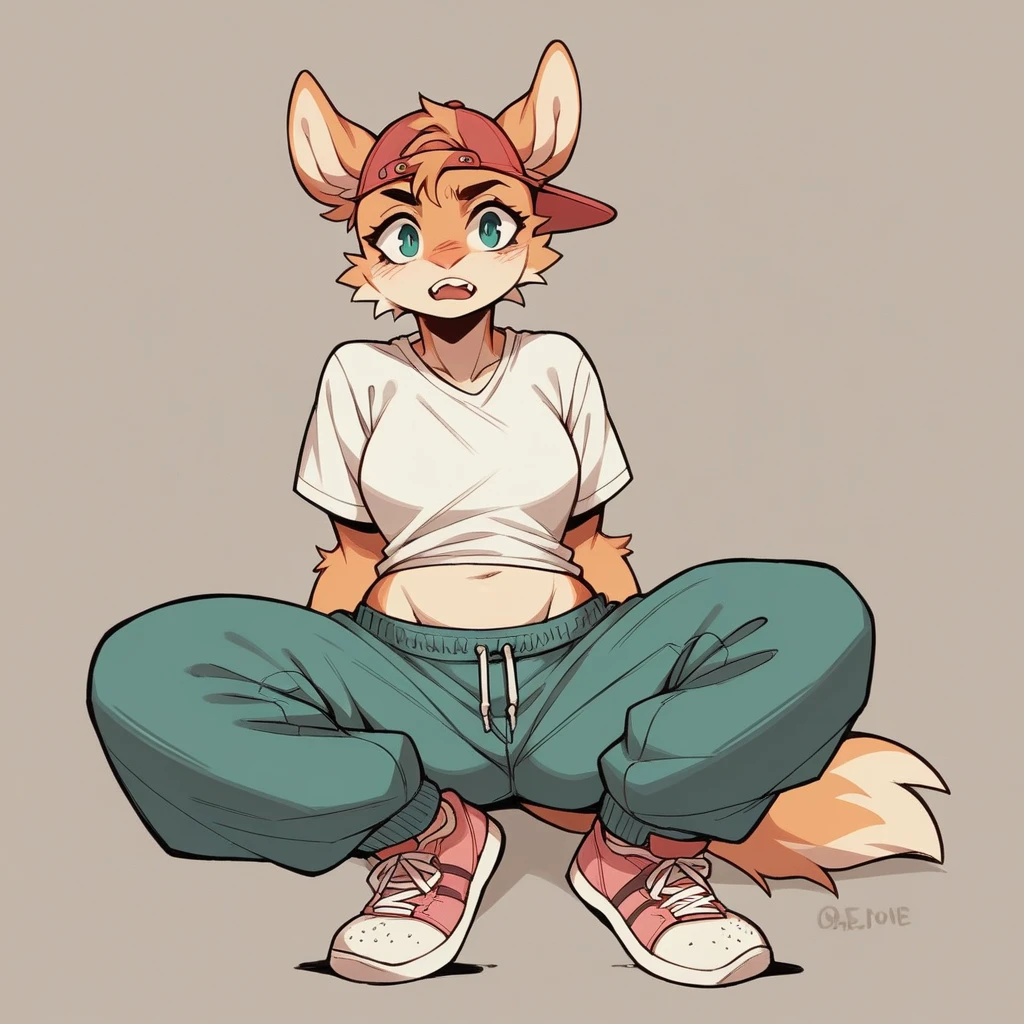 Female anthropomorphic character, with a perfect body, wearing a short-sleeved t-shirt and a backwards cap, the shirt is a little loose and the hem of the sleeves and bottom are visible, T-shirt tucked into an undergarment, wearing baggy pants, wearing cool sneakers