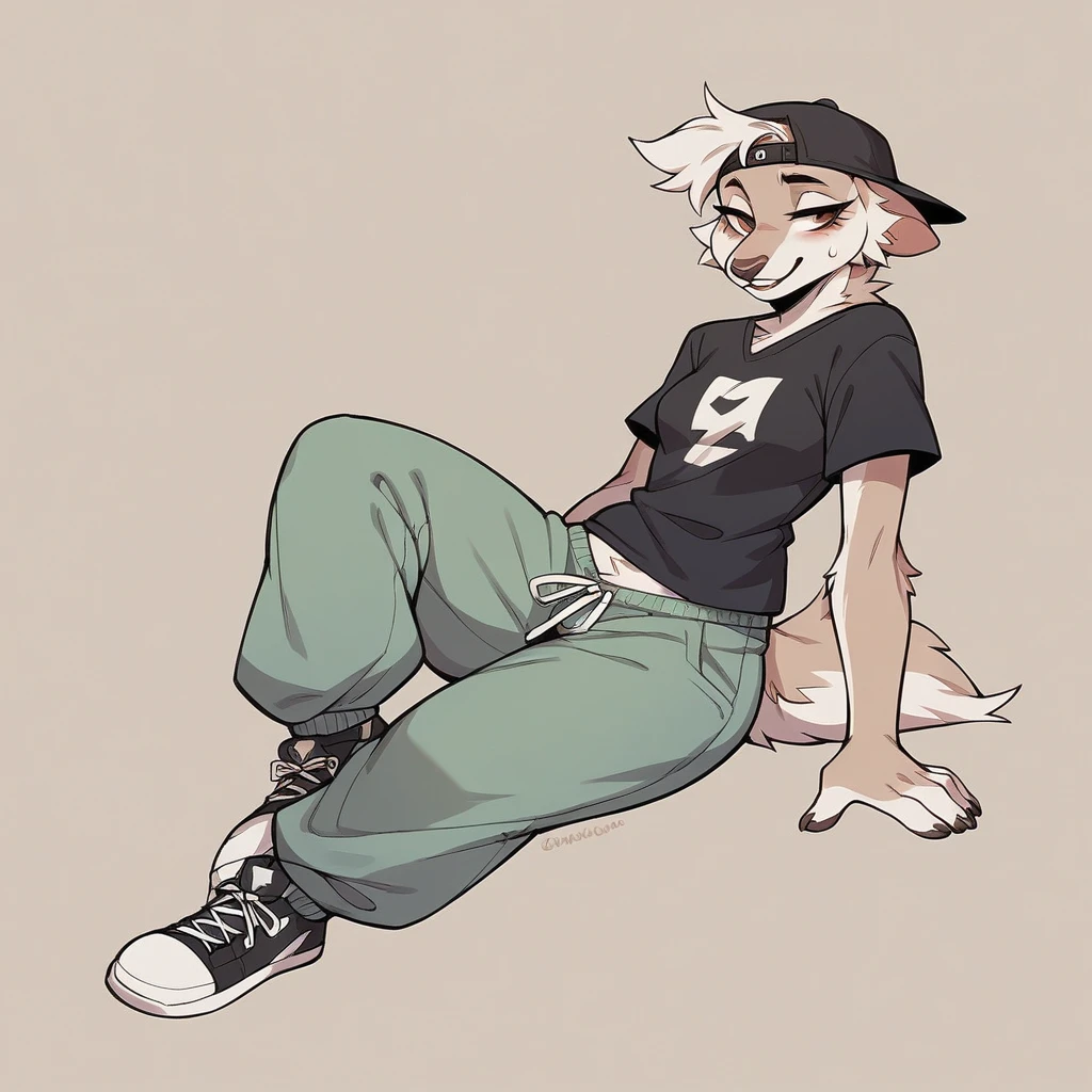 Female anthropomorphic character, with a perfect body, wearing a short-sleeved t-shirt and a backwards cap, the shirt is a little loose and the hem of the sleeves and bottom are visible, T-shirt tucked into an undergarment, wearing baggy pants, wearing cool sneakers