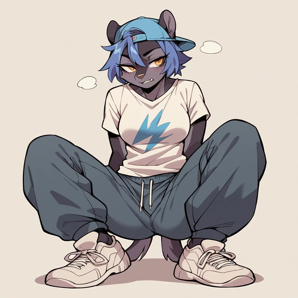 Female anthropomorphic character, with a perfect body, wearing a short-sleeved t-shirt and a backwards cap, the shirt is a little loose and the hem of the sleeves and bottom are visible, T-shirt tucked into an undergarment, wearing baggy pants, wearing cool sneakers
