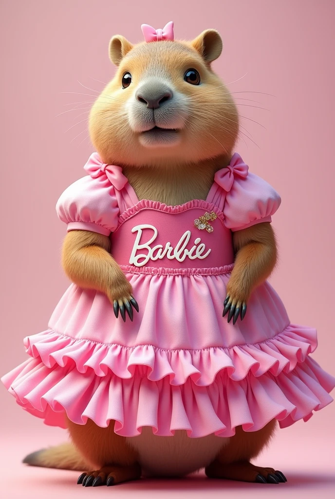 A cute capybara with a happy expression wearing a pink Barbie dress with capybarbie written on it. capybaraaa



