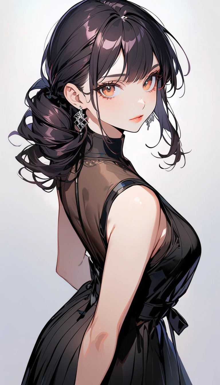 1woman, solo, cowboy shot, fhorizontal French twist hair, black hair, brown eyes, wearing a simple black dress, sleeveless, looking at viewer, light pink lips, upper body, closed mouth, shirt, earrings, white background