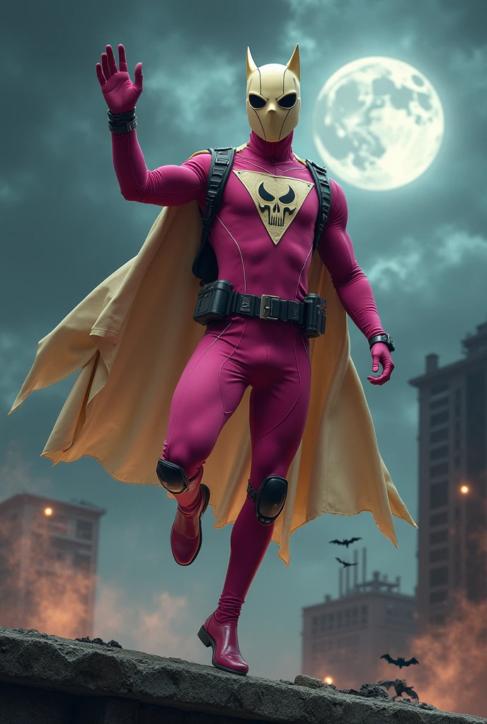 Malaysia man in high-tech suit, vivid effects, malaysian superhero(( (KELUANG MAN)) in a striking pink and brown beige costume cyberpunk design((, mask small mini bat ear beige,)) daredevil beige mask, jumpsuit dark pink stands confidently in a dramatic.jumping from high place.hero costume.one hand rise up. (Big triangle logo on the chest.high detail Punisher logo on the chest)). jumping from hight place. Fighting pose , stormy landscape. ((Head covered node guard like batman. Running pose , athletic body type, small mini ear bat mask))The character wears domino mask a helmet with pointed mini torn ears and a flowing cape biege, open nose and mouth. Equipped with visible futuristic weapons on a belt,bullet proof jacket pink dark day.show fingers pose, dark night, big supermoon effect . Small logo on chest triangle shape small ((mitch gerads punisher ))logo center triangle cyber logo center on chest pink logo mini logo Casey Jones mask on the logo on chest. )). rocky. Building top.smoke ground , bomb effect background, losse pants, losses costume.adding to --ar 3:4 --style raw --stylize 500 --v 6.1. chaos. Lot of small flying bat. One leg on the high stone. Man. Backpack . Real man age 40 year old. One hand holding belt. Jump from high place. Open cape.