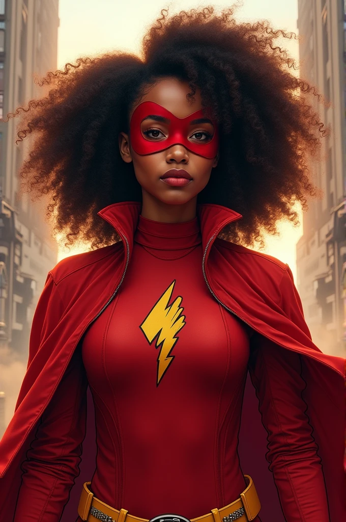 Curl hair. Beautiful Kenyan woman. Hero outfit color red. She wears a mask. She wears a jacket but make it heroic outfit. Hand logo on her hero outfit