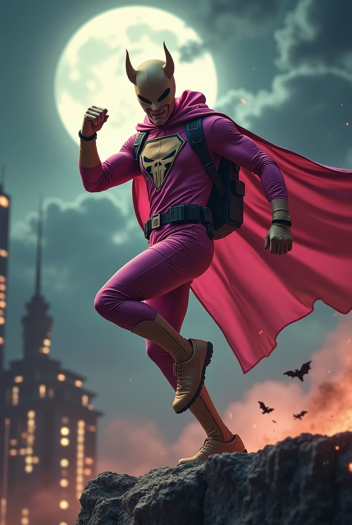 Malaysia man in high-tech suit, vivid effects, malaysian superhero(( (KELUANG MAN)) in a striking pink and brown beige costume cyberpunk design((, mask small mini bat ear beige,)) daredevil beige mask, jumpsuit dark pink stands confidently in a dramatic.jumping from high place.hero costume.one hand rise up. (Big triangle logo on the chest.high detail Punisher logo on the chest)). jumping from hight place. Fighting pose , stormy landscape. ((Head covered node guard like batman. Running pose , athletic body type, small mini ear bat mask))The character wears domino mask a helmet with pointed mini torn ears and a flowing cape biege, open nose and mouth. Equipped with visible futuristic weapons on a belt,bullet proof jacket pink dark day.show fingers pose, dark night, big supermoon effect . Small logo on chest triangle shape small ((mitch gerads punisher ))logo center triangle cyber logo center on chest pink logo mini logo Casey Jones mask on the logo on chest. )). rocky. Building top.smoke ground , bomb effect background, losse pants, losses costume.adding to --ar 3:4 --style raw --stylize 500 --v 6.1. chaos. Lot of small flying bat. One leg on the high stone. Man. Backpack . Real man age 40 year old. One hand holding belt. Jump from high place. Open cape.