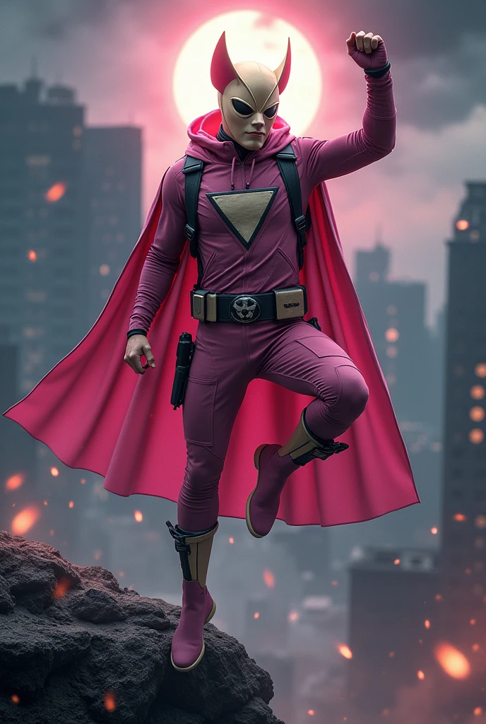 Malaysia man in high-tech suit, vivid effects, malaysian superhero(( (KELUANG MAN)) in a striking pink and brown beige costume cyberpunk design((, mask small mini bat ear beige,)) daredevil beige mask, jumpsuit dark pink stands confidently in a dramatic.jumping from high place.hero costume.one hand rise up. (Big triangle logo on the chest.high detail Punisher logo on the chest)). jumping from hight place. Fighting pose , stormy landscape. ((Head covered node guard like batman. Running pose , athletic body type, small mini ear bat mask))The character wears domino mask a helmet with pointed mini torn ears and a flowing cape biege, open nose and mouth. Equipped with visible futuristic weapons on a belt,bullet proof jacket pink dark day.show fingers pose, dark night, big supermoon effect . Small logo on chest triangle shape small ((mitch gerads punisher ))logo center triangle cyber logo center on chest pink logo mini logo Casey Jones mask on the logo on chest. )). rocky. Building top.smoke ground , bomb effect background, losse pants, losses costume.adding to --ar 3:4 --style raw --stylize 500 --v 6.1. chaos. Lot of small flying bat. One leg on the high stone. Man. Backpack . Real man age 40 year old. One hand holding belt. Jump from high place. Open cape.