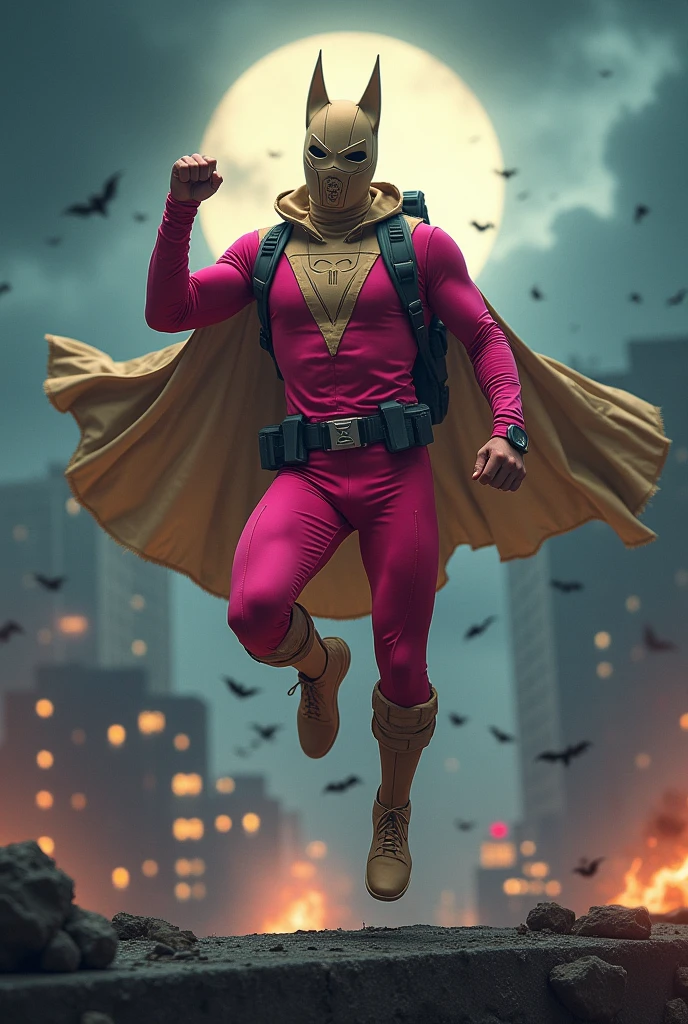 Malaysia man in high-tech suit, vivid effects, malaysian superhero(( (KELUANG MAN)) in a striking pink and brown beige costume cyberpunk design((, mask small mini bat ear beige,)) daredevil beige mask, jumpsuit dark pink stands confidently in a dramatic.jumping from high place.hero costume.one hand rise up. (Big triangle logo on the chest.high detail Punisher logo on the chest)). jumping from hight place. Fighting pose , stormy landscape. ((Head covered node guard like batman. Running pose , athletic body type, small mini ear bat mask))The character wears domino mask a helmet with pointed mini torn ears and a flowing cape biege, open nose and mouth. Equipped with visible futuristic weapons on a belt,bullet proof jacket pink dark day.show fingers pose, dark night, big supermoon effect . Small logo on chest triangle shape small ((mitch gerads punisher ))logo center triangle cyber logo center on chest pink logo mini logo Casey Jones mask on the logo on chest. )). rocky. Building top.smoke ground , bomb effect background, losse pants, losses costume.adding to --ar 3:4 --style raw --stylize 500 --v 6.1. chaos. Lot of small flying bat. One leg on the high stone. Man. Backpack . Real man age 40 year old. One hand holding belt. Jump from high place. Open cape.