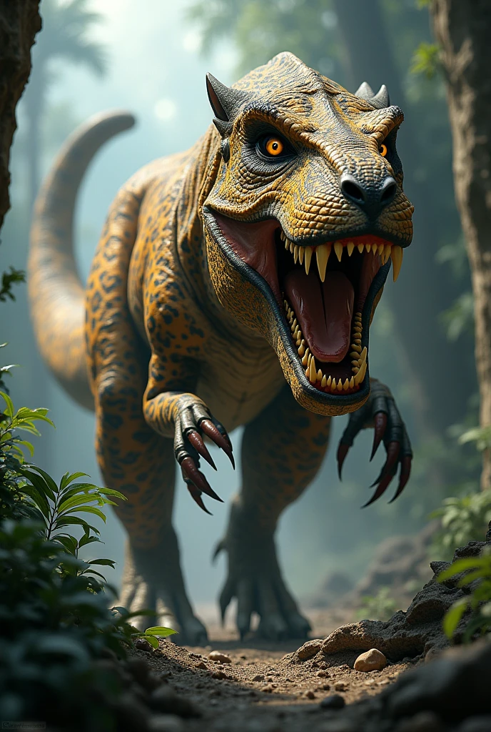 A creature that's a mix between a Tyrannosaurus and a leopard