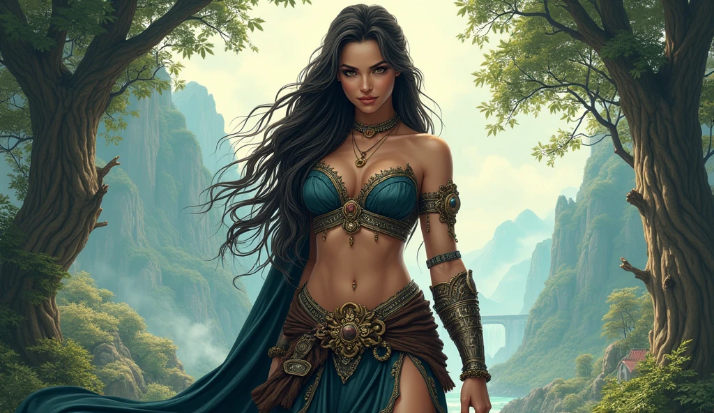 An illustrated movie poster, hand-drawn, full color, an elven maiden, wearing a lacey bra and a lacey thong, sun-tanned complexion, tall, toned, amazonian stature, voluptuous hourglass figure, full wide hips, massive round butt, long shapely legs, ridiculously thick powerful thighs, amber eyes, long pointy elf ears, dark hair, long messy waves, resembles Zendaya, strolling through a fantasy landscape, hard shadows, graphite shading, stencil marks, airbrushed acrylic paint, masterpiece, in the style of Lord of the Rings