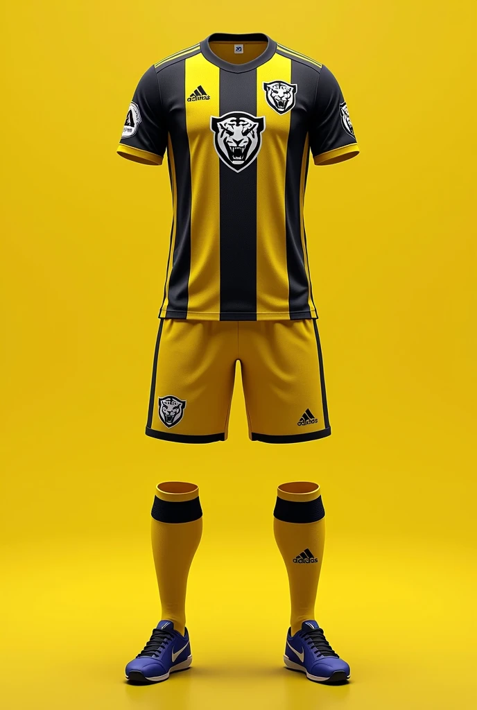 The Tigres Guaramiranga futsal team&#39;s uniform is made in light yellow colors, black and gray details. The shirt has vertical stripes alternating the two colors, with the team name highlighted in the center. The shorts and socks follow the same color combination, completing the team&#39;s vibrant and aggressive look. The team&#39;s shield, representing a tiger, is printed on the chest of the shirt, symbolizing the players&#39; determination and tenacity. And on the back of the shirt leave it clean without any symbols