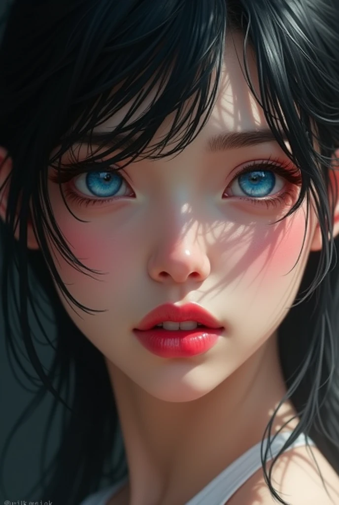 (masterpiece:1.4, best quality), (intricate details), unity 8k wallpaper, ultra detailed, beautiful and aesthetic, perfect lighting, (1girl), (black hair, blue eyes), dynamic angle, lipstick, slim, medium breasts, detailed background, realistic, solo, perfect detailed face, detailed eyes, highly detailed
