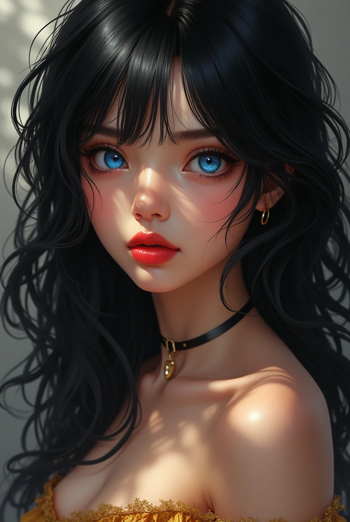 (masterpiece:1.4, best quality), (intricate details), unity 8k wallpaper, ultra detailed, beautiful and aesthetic, perfect lighting, (1girl), (black hair, blue eyes), dynamic angle, lipstick, slim, medium breasts, detailed background, realistic, solo, perfect detailed face, detailed eyes, highly detailed