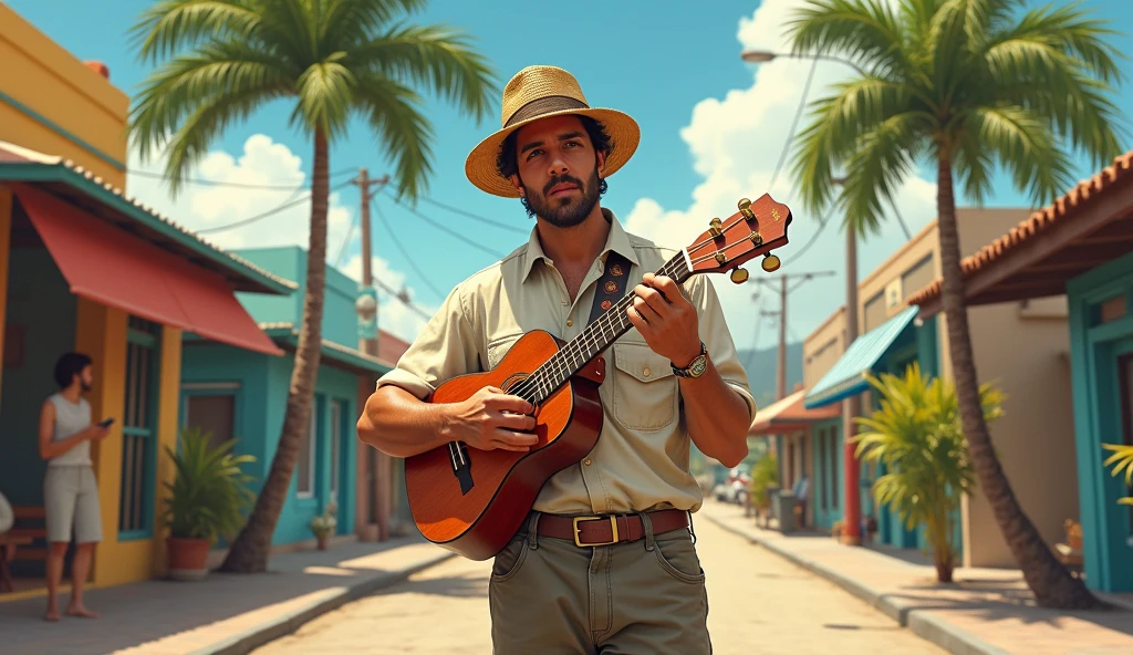 1934; (masterpiece, best quality) man playing Ukulelê on the street(Havaí)
