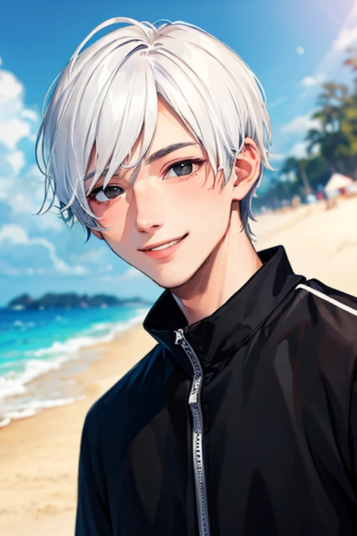 ((masterpiece)), (((best quality))), chromatic lighting,
colorized, white + black limited color palette,
detailed concept drawing,
on the beach, Shibuya street fashion, no weird object on his face,
portrait, 25yo 1guy, slender, swimwear, short white hair, black eyes, smiling