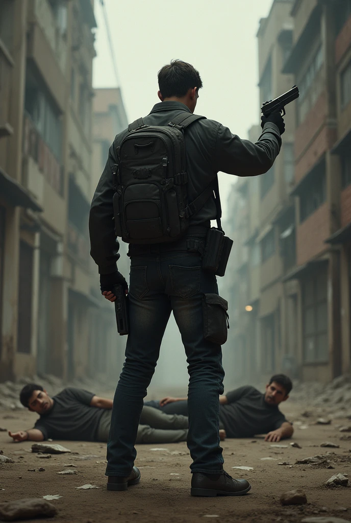 a 30 years men. he has 3 people in front of him. he shoots 2 people from his left just now. and now he is targeting 3rd one. all the scenario, we are seeing from his back