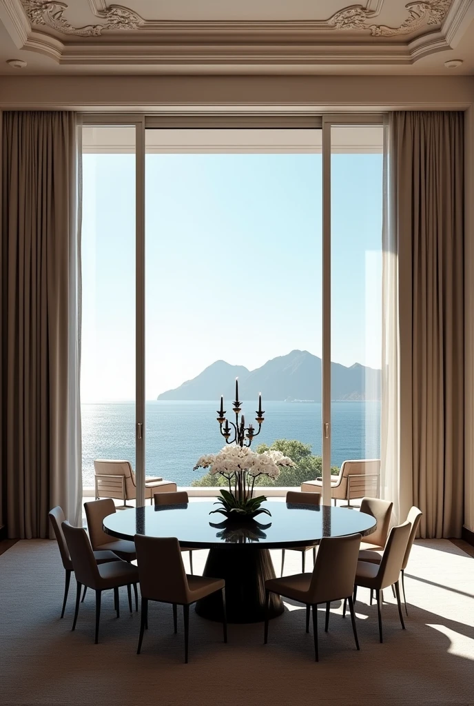 luxury room, moderno, large round black garden style table with 8 chairs with candelabras and vase of white orchids , wall with full glass sliding door on the entire wall with a view of the exterior of landscapes on the planet Mars , with mountains on the ocean side, inside curtains on the sides of the wall where the glass door is, modern carpet, wall with white boiserie, all in the neoclassical style, real image quality