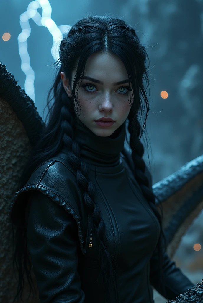 Close-up image, night background a dark thunderstorm, black and phosphorescent blue light, of an extremely beautiful woman, grayish eyes, black hair with white braided on the side , dressed in a black leather turtleneck shirt, riding a GIANT golden-eyed dragon 