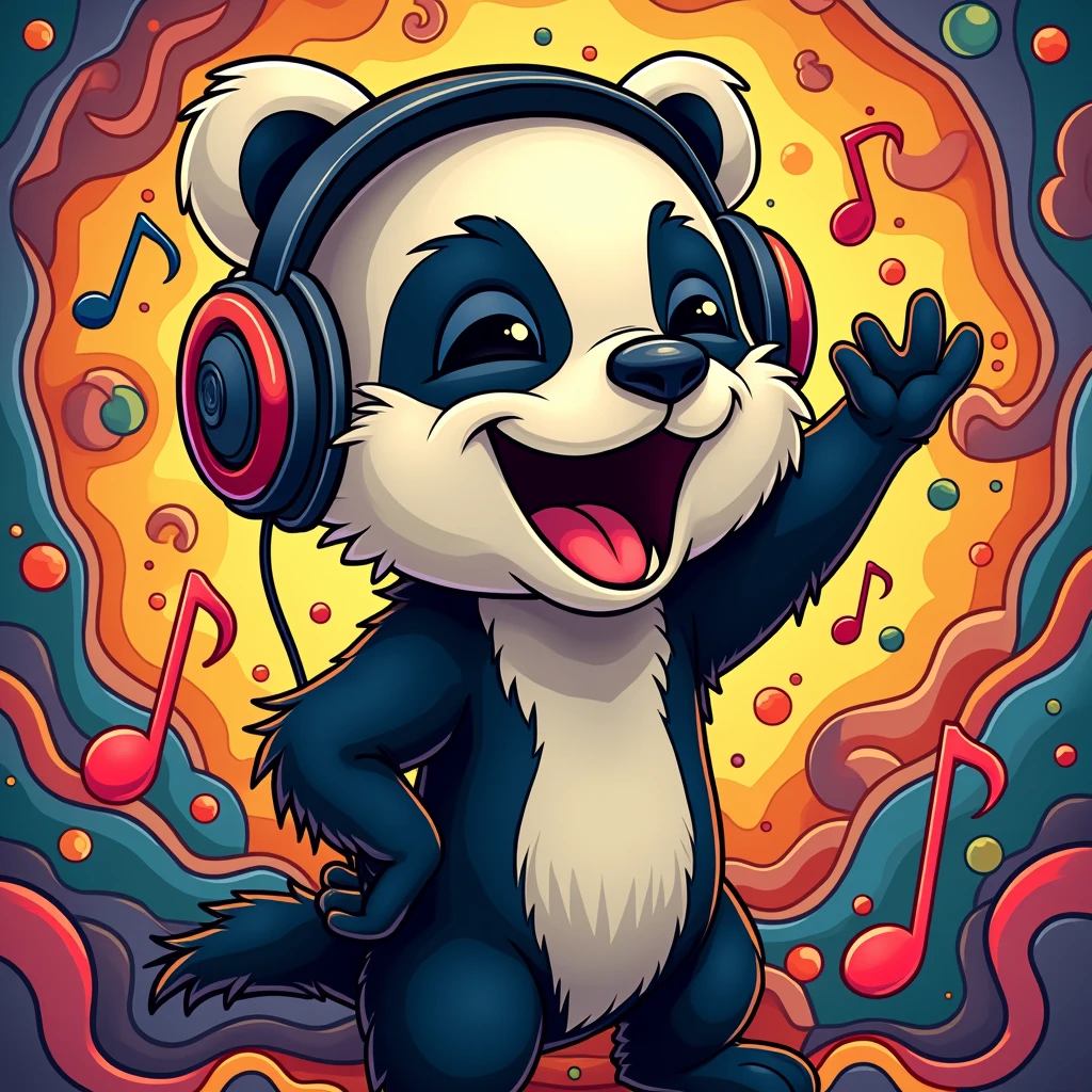 Create a 3000 X 3000 pixels a Catoon music art cover with  honey badger with headphones 