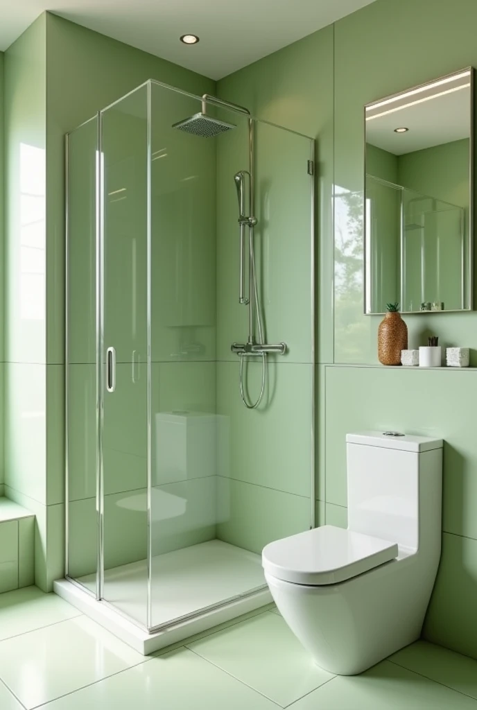 The bathroom exudes a serene elegance with its light olive green tiles, which provide a soothing backdrop. The walls, adorned with the same soft green, enhance the room's tranquility. A sleek glass shower chamber reflects the natural light, creating a sense of openness. The sink, complemented by a square mirror above it, adds a modern touch, while a neatly positioned toilet in the corner ensures functionality without disrupting the space’s calm aesthetic.