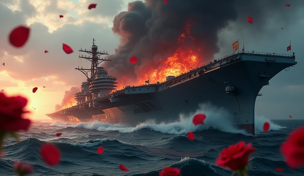 2024; (masterpiece, best quality) destroyed sea; Navy aircraft carrier sinking; fire everywhere; Red roses falling into the sea.