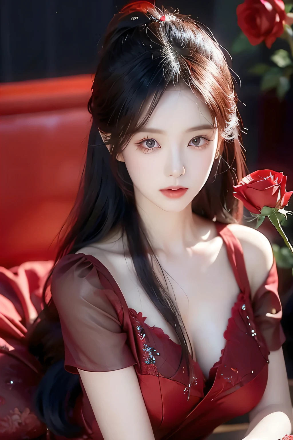 Irene rv, red dress, long black hair, beautiful detailed eyes, beautiful detailed lips, extremely detailed face, longeyelashes, elegant pose, dramatic lighting, cinematic, chiaroscuro, dramatic shadows, moody, atmospheric, photorealistic, 8k, best quality, masterpiece, red roses background