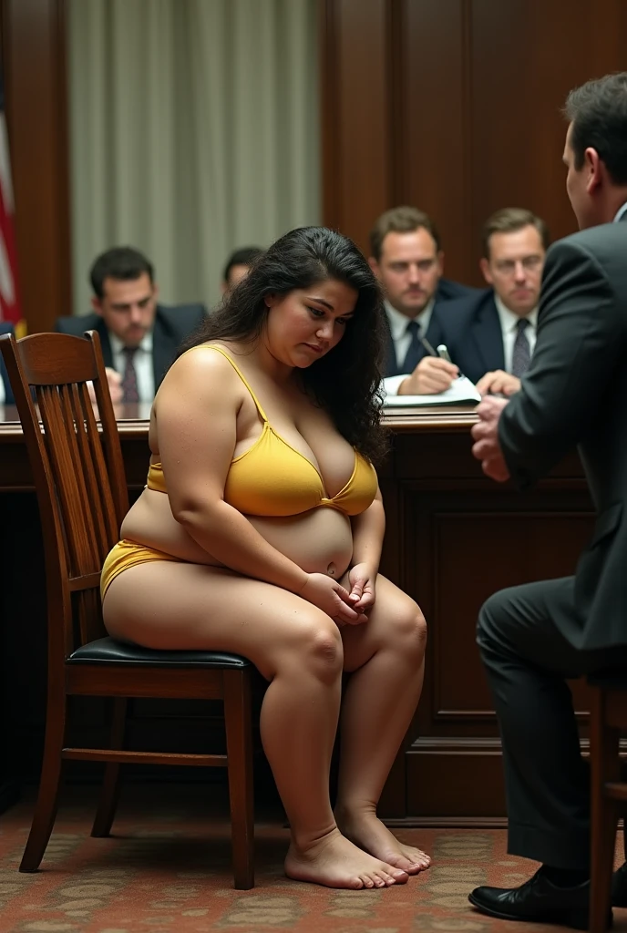 Create a realistic photo of a woman chubby, wearing a small yellow bikini that fits very tightly. Her skin shows visible sweat dripping down her body. She is barefoot, and is seated on an old wooden chair in a corporate boardroom. The room is formal and professional, with a large table, and the people around her are dressed in elegant business attire. The photo captures the scene from a side profile, emphasizing the contrast between her informal attire and the formal setting. A large, imposing executive is angrily insulting the woman, while she sits with a worried expression, rubbing one of her feet. The tension and discomfort in the scene are palpable, highlighting the stark contrast between her vulnerable position and the harsh environment.