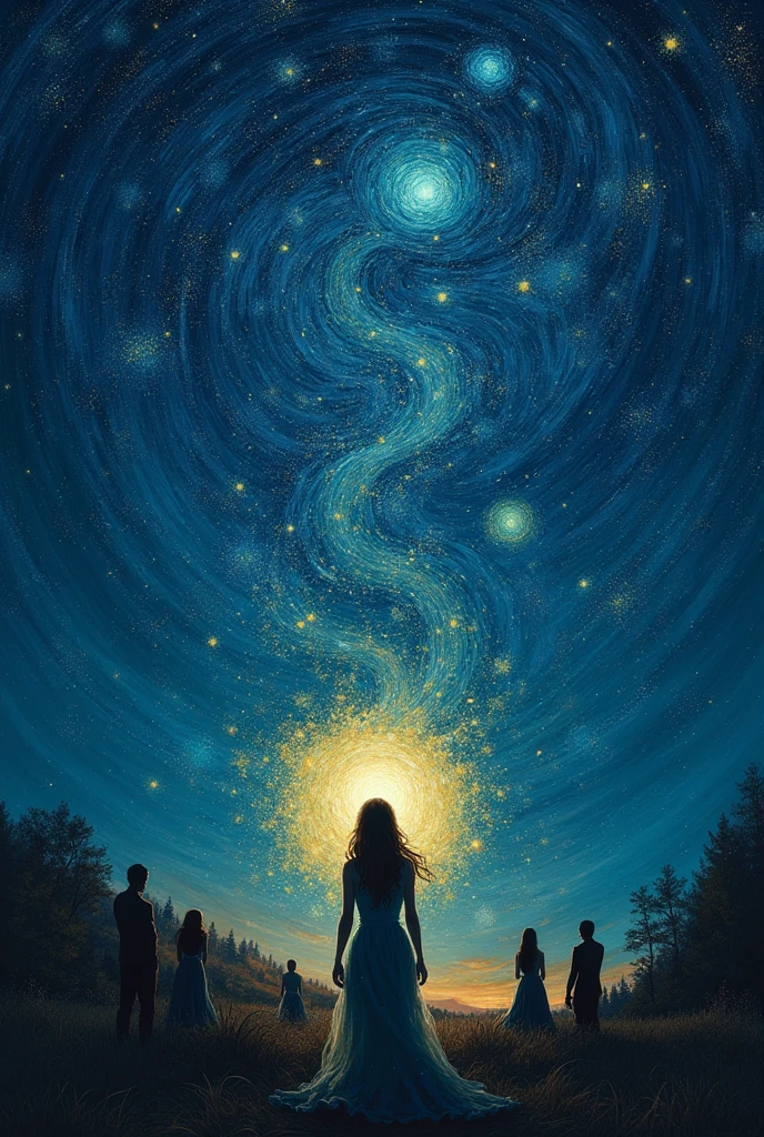 Night with stars like Van Gogh's starry night many silhouettes in the distance and in front a woman emanating light from her chest It's easy to be one more in the darkness.
The difficult thing is to be one in the true light